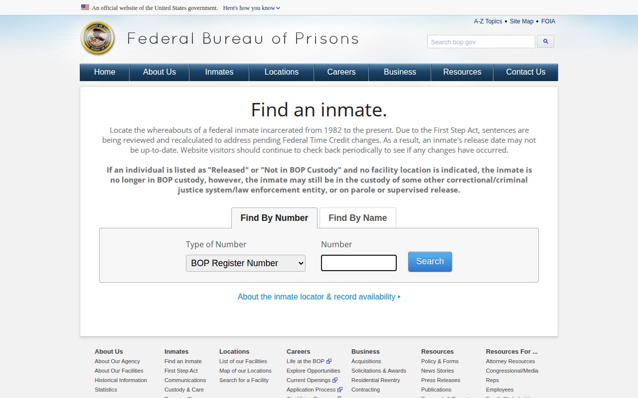 Federal Bureau of Prisons inmate locator search for current and former federal prisoners