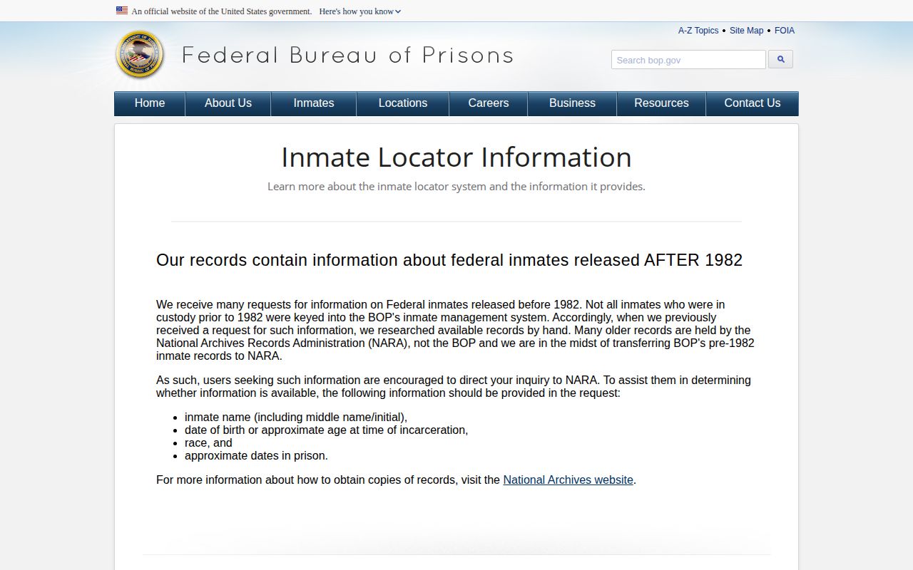 BOP explanation of federal inmate locator records and release information