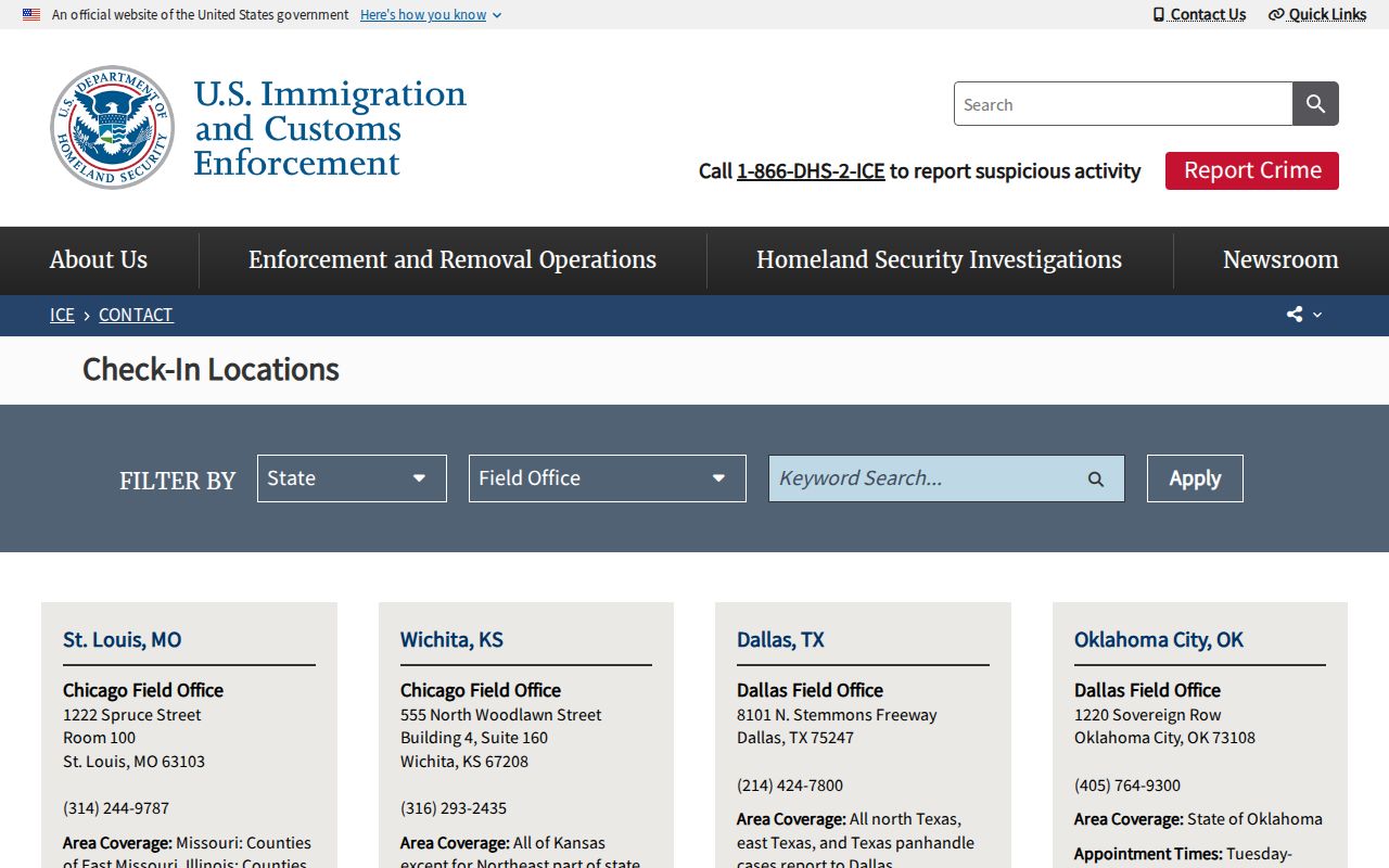 ICE field office check-in contact directory for ongoing immigration reporting