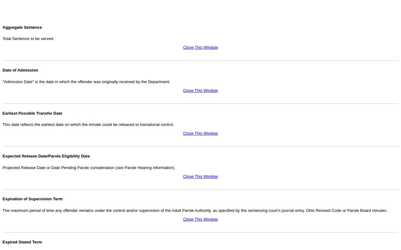 Ohio Department of Rehabilitation and Correction offender search status and date definitions