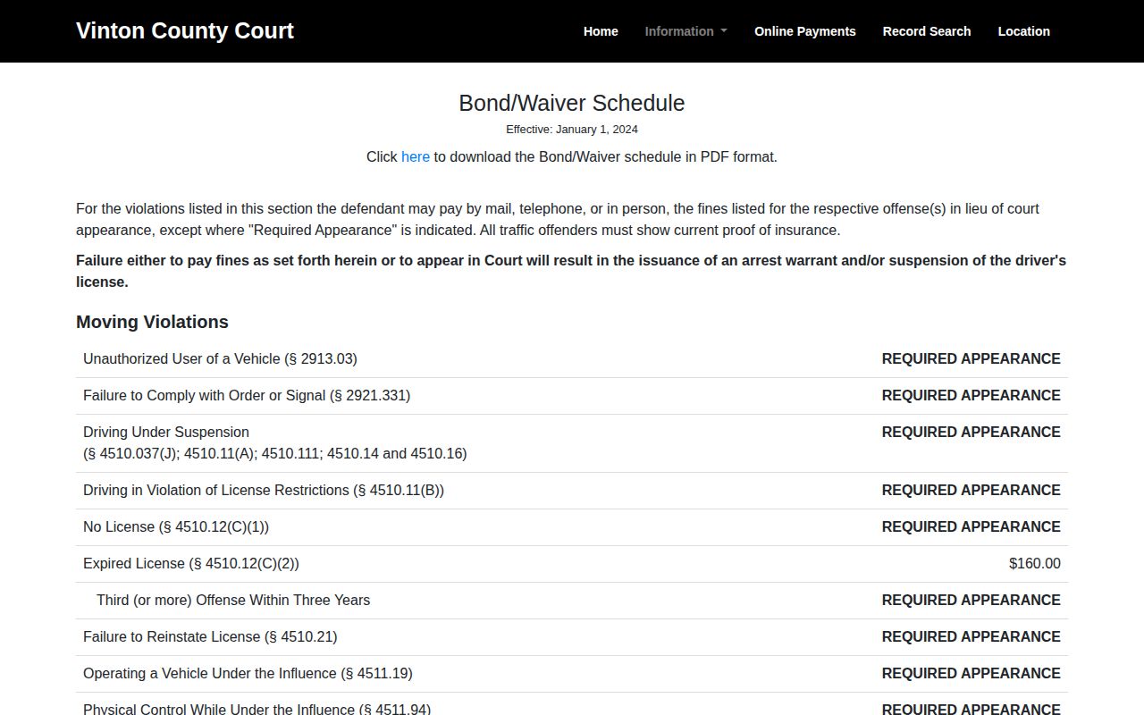 Vinton County projected release date court bond schedule