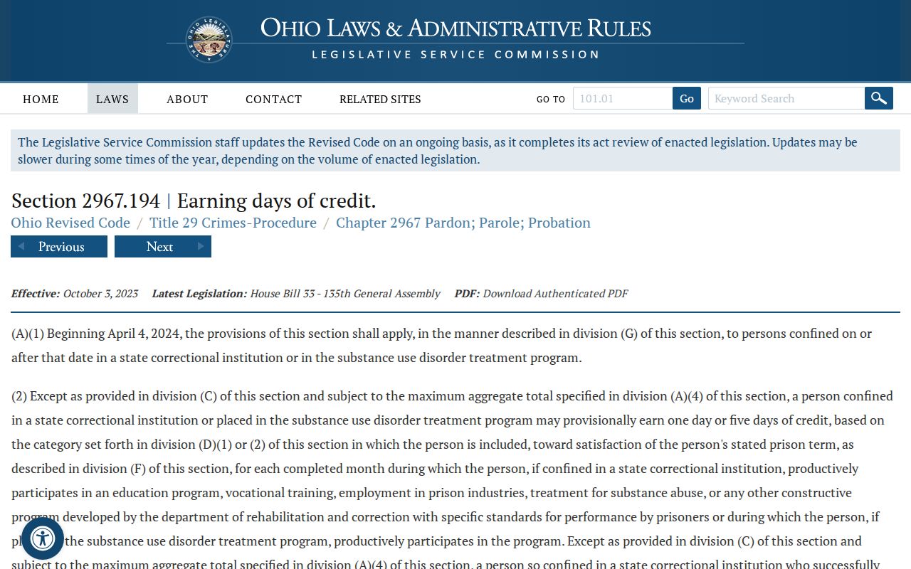Vinton County projected release date Ohio earned-credit statute