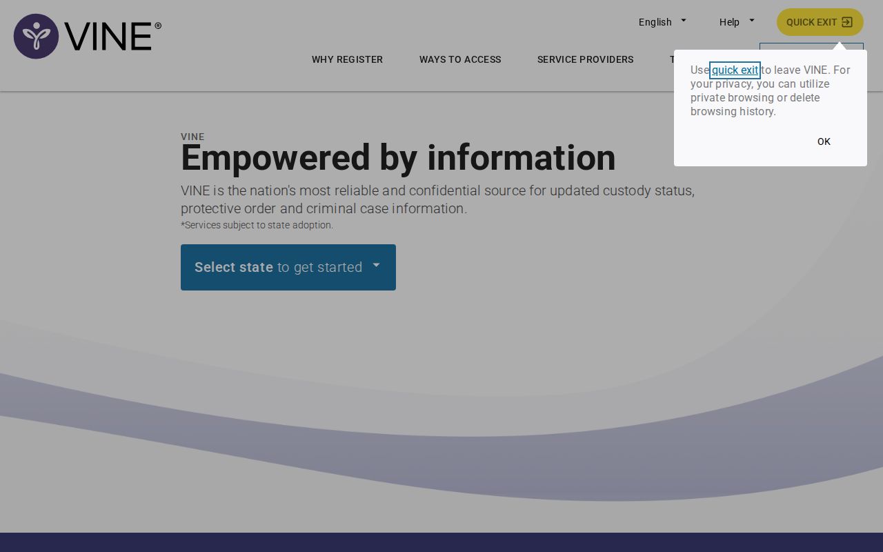 Vinton County VINE inmate check state selection screen